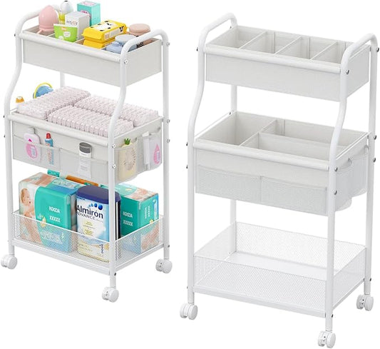 3-Tier Diaper Caddy Organizer & Rolling Cart,Metal Utility Cart with 4+2 Dividers & Lockable Silent Casters, Mobile Storage Cart for Nursery Essentials, Multi-Purpose for Kidsroom Changing Table