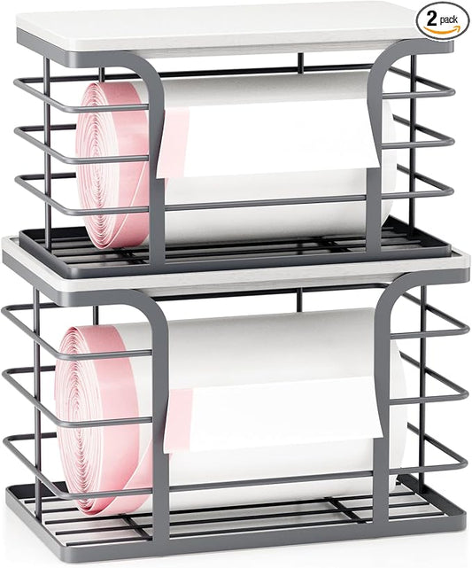 2 Pack Trash Bag Holder,Stackable Storage Kitchen Laundry Organizers with Bamboo Top,Garbage Bag Dispenser for Countertop Organization,Gray