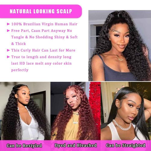 PXCPXC Deep Wave Frontal Wigs 180 Density 13x6 HD Lace Front Wigs Human Hair Pre Plucked with Baby Hair Transparent Glueless Brazilian Deep Wave Frontal Wigs for Women Natural Black Color(26inch)