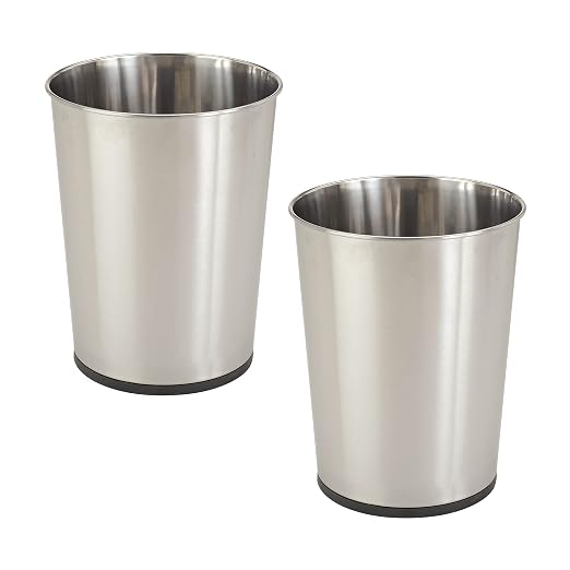 Bath Bliss 5 Liter Small Wastebasket | 2 Pack | Round Open Top | Trash Can | Bathroom | Bedroom | Kitchen | Office | Dorm | Disposal Waste Bin | Garbage | Stainless Steel