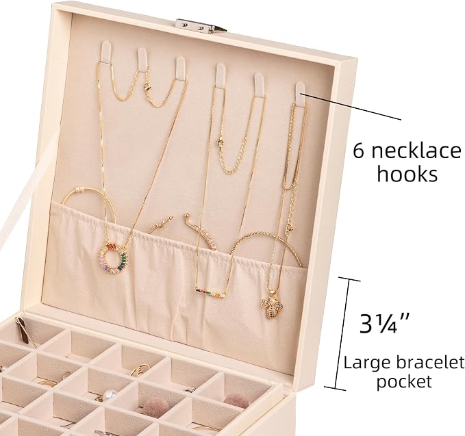 Frebeauty Earring Organizer Classic Jewelry Box 50 Slots Double Layer Jewelry Storage Case with 6 Necklace Hook and Bracelet Pocket(Beige)