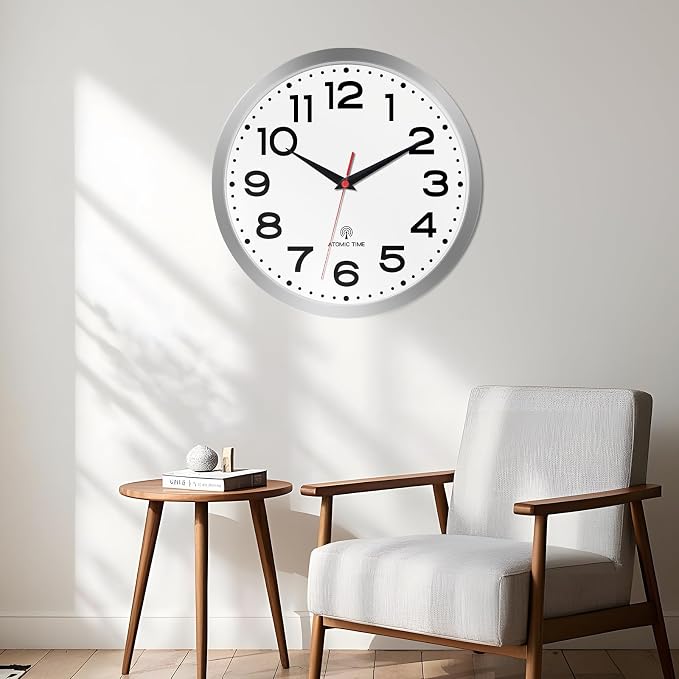 Roymnie Atomic Wall Clock 14 Inch, Modern Clock Battery Operated Classic Analog Decorative for Kitchen, Living Room, Office, Bedroom, Bathroom (Silver)