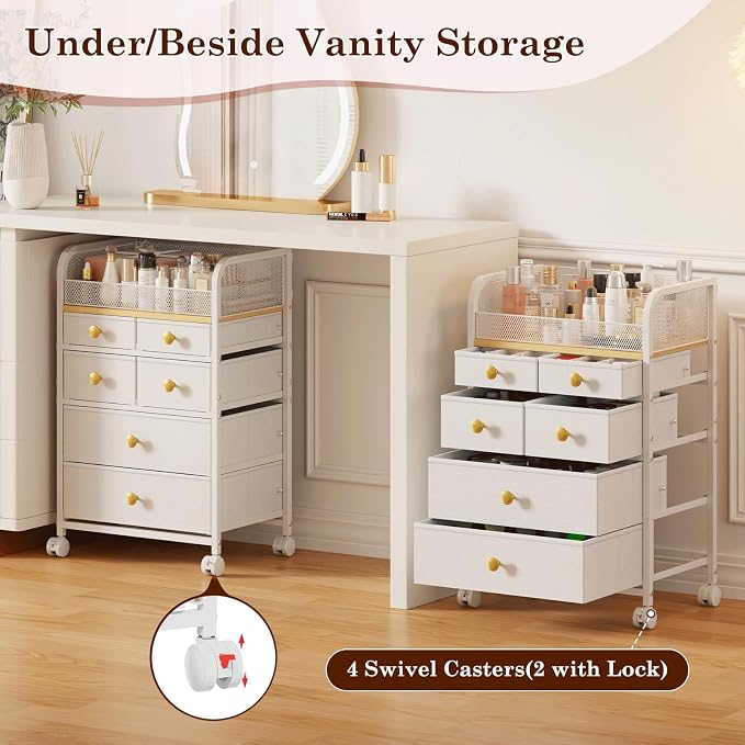 Rolling Makeup Cart Organizer with 6 Drawers, Makeup Storage with Wheels, Floor Skincare Organizers Vanity Storage Organizer Cosmetics Display Cases for Skin Care Perfume Nail Polish, White