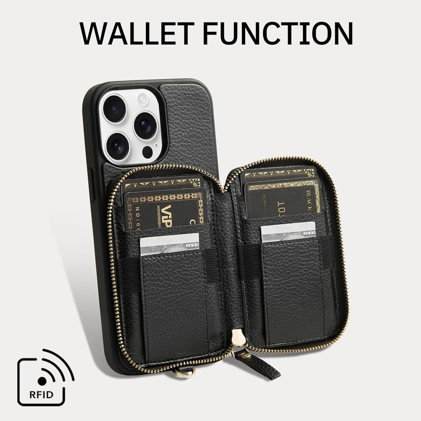 ZVE for iPhone 15 Pro Max Wallet Case with Card Holder Wrist Strap, RFID Blocking Zipper Leather Cover for Women for iPhone 15 Pro Max, 6.7"(2023) - Black"