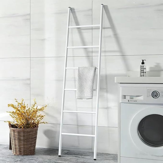 6-Tier Blanket Ladder 68 Inch Wall-Leaning Towel Rack for Living Room and Bedroom, Easy Assembly - White