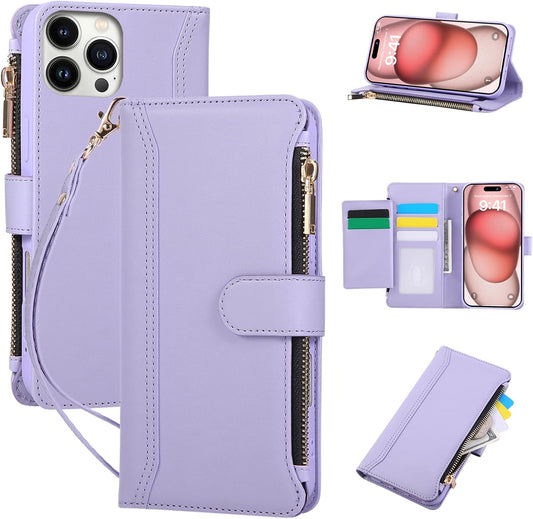 Compatible with iPhone 16 Pro Wallet Phone Case-PU Leather Magnetic Flip Cover with Credit Card Slots,Zipper Pocket & Detachable Wrist Strap,Shockproof Design,for Women and Men-Purple