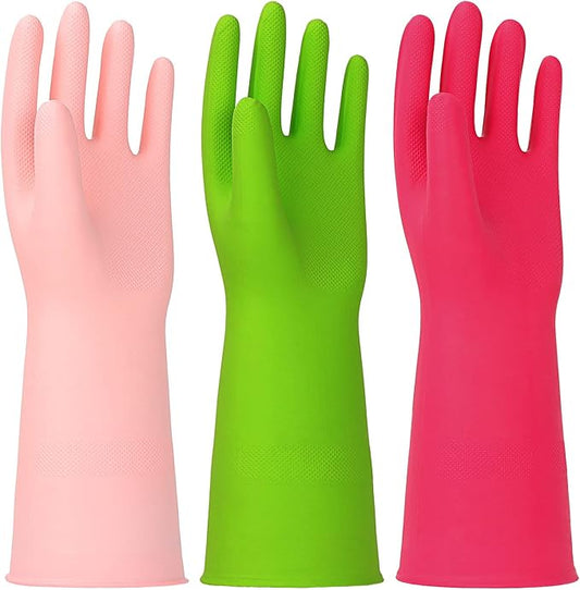 3 Pairs Rubber Cleaning Gloves Latex Free Dishwashing Gloves - 13" Reusable Nitrile Gloves Large, Green+Pink+Red