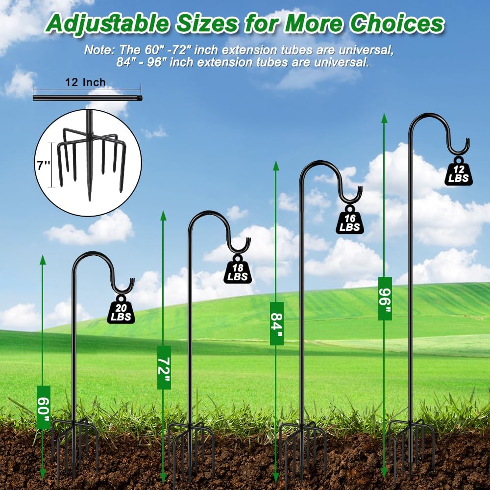 96" Shepherds Hooks for Outdoor, Heavy Duty Garden Bird Feeder Pole Hanging Bird Feeder, Solar Light Lanterns, Outdoor Plant Hanger Hook with 7 Base Prongs, 1 Pack