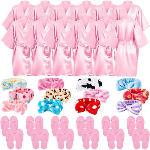 Xuhal 36 Pcs Spa Party Supplies for Girls 12 Kimono Robe V Neck Bathrobe 12 Soft Spa Headband 12 Disposable Foam Slippers small size(Size 8,Pink)