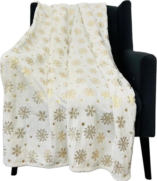 Winter Holiday Christmas Fleece Throw Blanket: Velvety Soft, Gold Snowflakes Stars Design, Durable Accent for Bed or Couch, Oversized 50 x 70 inches