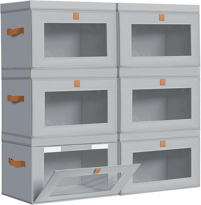 DIMJ Storage Bins with Lids - 6 Pack Large Fabric Closet Organizer with Window & Handles, Collapsible Decorative Storage Boxes for Shelves Under Bed, Books Clothes Blankets Sweaters Organization