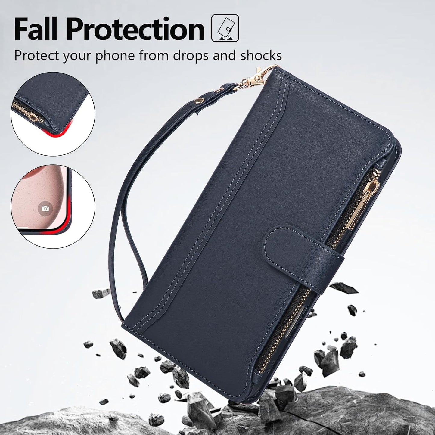 Compatible with iPhone 15 Pro Wallet Phone Case-PU Leather Magnetic Flip Cover with Credit Card Slots,Zipper Pocket & Detachable Wrist Strap,Shockproof Design,for Women and Men-Navy Blue