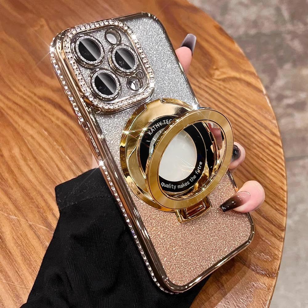 Magnetic Kickstand (Glitter Lens Protector ) Case for iPhone 15 14 13 12 Pro Max (Compatible with Magsafe ) Sparkling Diamond Cover Glitter Shiny Rhinestone Cases (Gold,for iPhone 13 Pro)