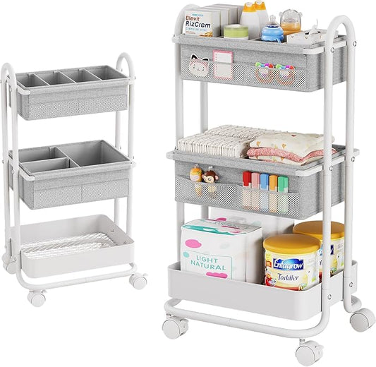 Modanais Baby Diaper Caddy Organizer Cart - 3 Tier Rolling Storage Cart with Wheels, Baby Essentials for Nursery Storage, Detachable Dividers - for Crib, Bedroom, Art & Craft Organizer (Light Gray)