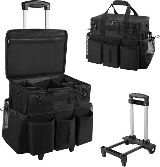 SCAVATA Rolling Cleaning Caddy Bag with Detachable Trolley, Large Cleaning Supplies Organizer with Wheels, Multi Pocket Cleaning Cart with Adjustable Shoulder Strap for Housekeepers & Home Use, Black