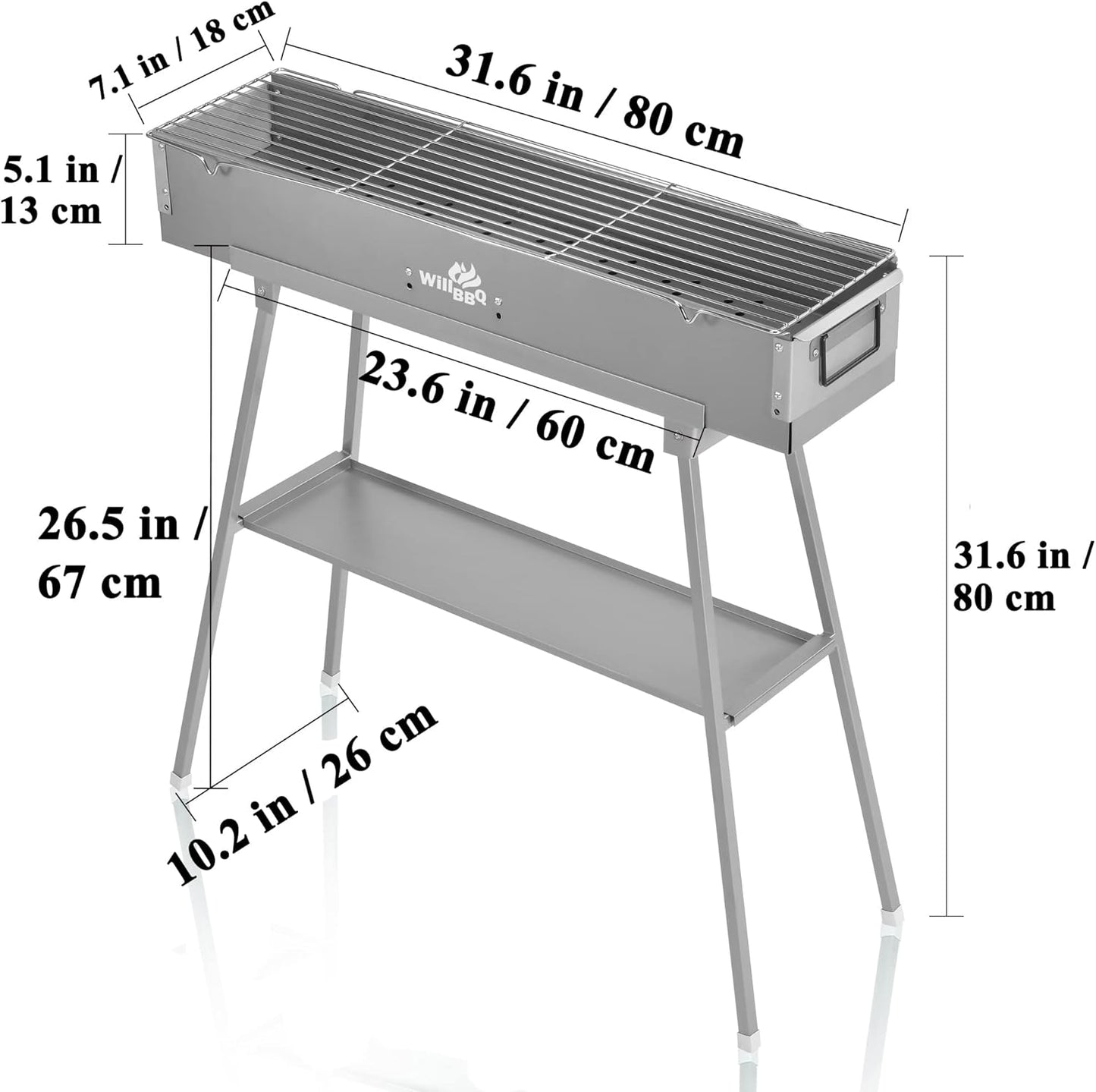 Charcoal Grills Commercial Quality Portable Multiple Size Hibachi BBQ Lamb Skewer Folded Camping Barbecue Grill for Garden Backyard Party Picnic Travel Outdoor Cooking Use(31.6x7.1x5.1 inch)