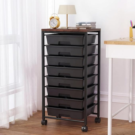 Rolling Cart with 8 Drawers, Storage Drawers Cart with Wooden Tabletop and Lockable Wheels, Craft Storage for Living Room, Office, Classroom, Craft Room, Bedroom (Black)