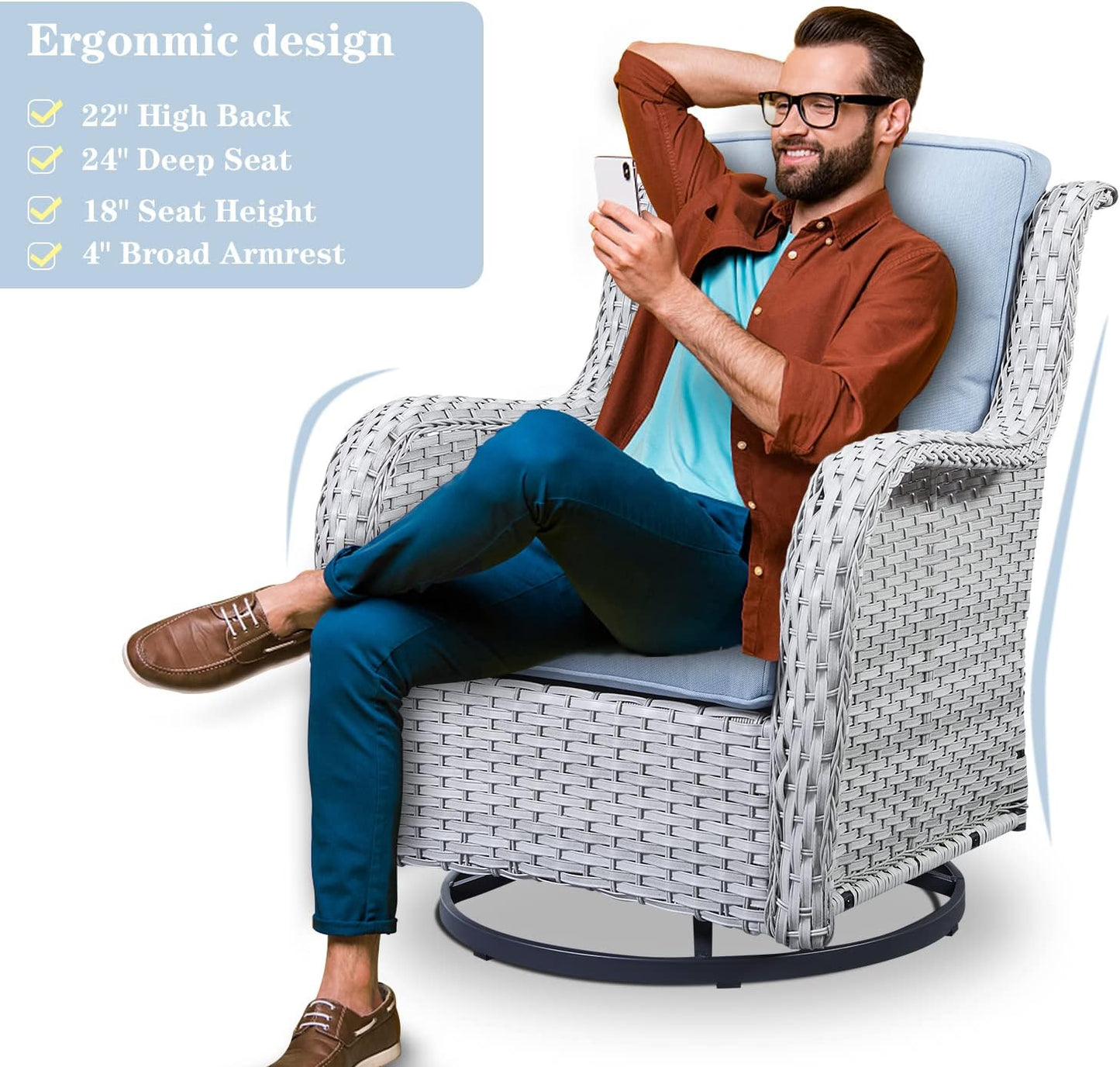 Wicker Patio Furniture Sets - 13 Piece Outdoor Rattan Furniture Conversation Sets with 4 Swivel Rocker Chairs, 2 Rattan Sofas, Wicker Ottomans and Coffee Table, Light Grey/Baby Blue