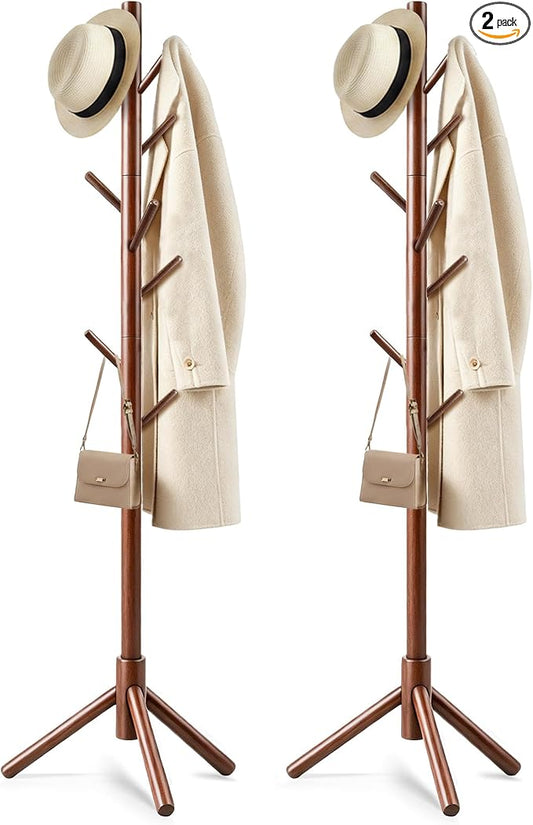 2 PC Wooden Coat Rack Freestanding with 8 Hooks & 3 Adjustable Sizes for Clothes, Space-Saving Design for Bedroom Office Entrance Holds Hats Coats Scarves Bags