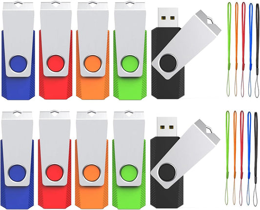 1GB Flash Drive 10 Pack, Wooolken USB 2.0 Memory Stick Thumb Drive with Lanyards Swivel USB Stick for Data Storage and Backup (Mixed Colors)