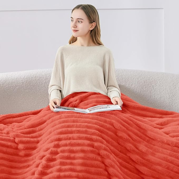 BEDELITE Twin Blanket for Couch & Bed, 300GSM Soft & Warm Fleece Blanket, Decorative and Giftable Striped Coral Red Blankets for Women, Men, 60"x80"