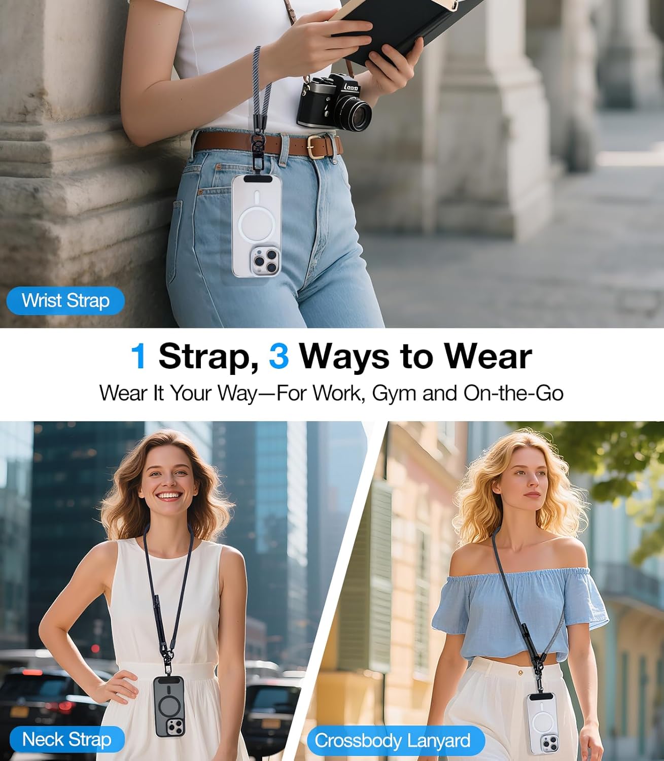 Phone Lanyard Crossbody, 3-in-1 Neck Strap& Wrist Strap, Adjustable Anti-Theft Lanyard with 2 Phone Tether Tabs, Universal Cell Phone Strap for iPhone& Android Case, Travel Essential, Beige