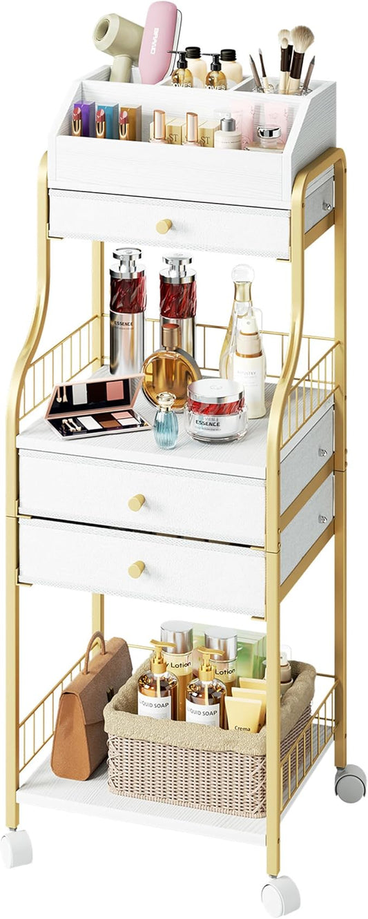 SWTYMIKI Rolling Makeup Organizer Cart - Floor Skincare Storage with Non-woven Drawers, Vanity Organizer Cosmetic Display Cases with Wheels, Cabinet for Skin Care Perfume Nail Polish Brush Hair Tool