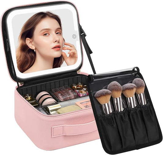 Chomeiu Makeup Bag with LED Mirror, Cute Cosmetic Bags for Women and Girls, Travel Train Case Artists Organizer Large Make Up Bags with 3 Color Light Up Mirror & Removable Brush Compartment, Pink