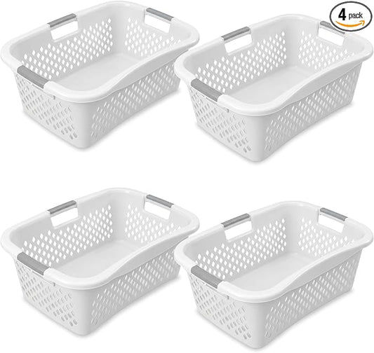 Home Logic 1.5 Bushel Plastic Laundry Basket Front Load, Large Laundry Hamper with Handles, Ventilated Clothes Organizer for Bedroom Bathroom Closet, 4 Pack, White
