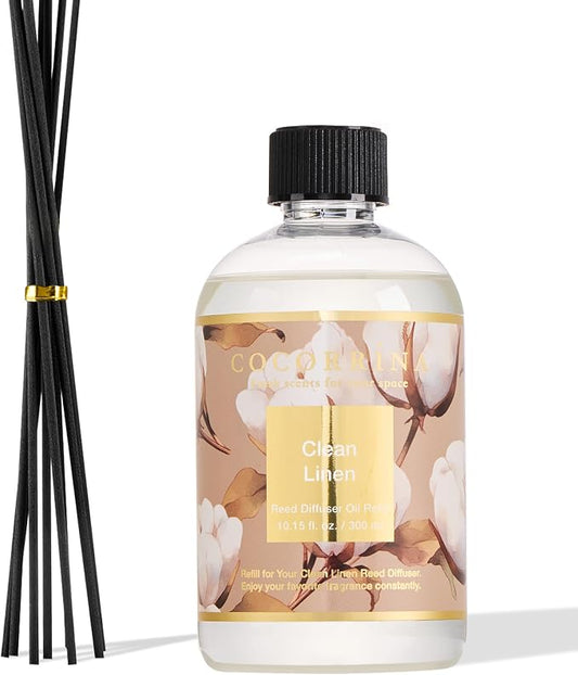 Cocorrína Reed Diffuser Refill Clean Linen 10.14oz (300ml) with 8 Sticks - Premium Long-Lasting Floral Essential Oil, Home Fragrance for Bedroom, Bathroom Home Decor