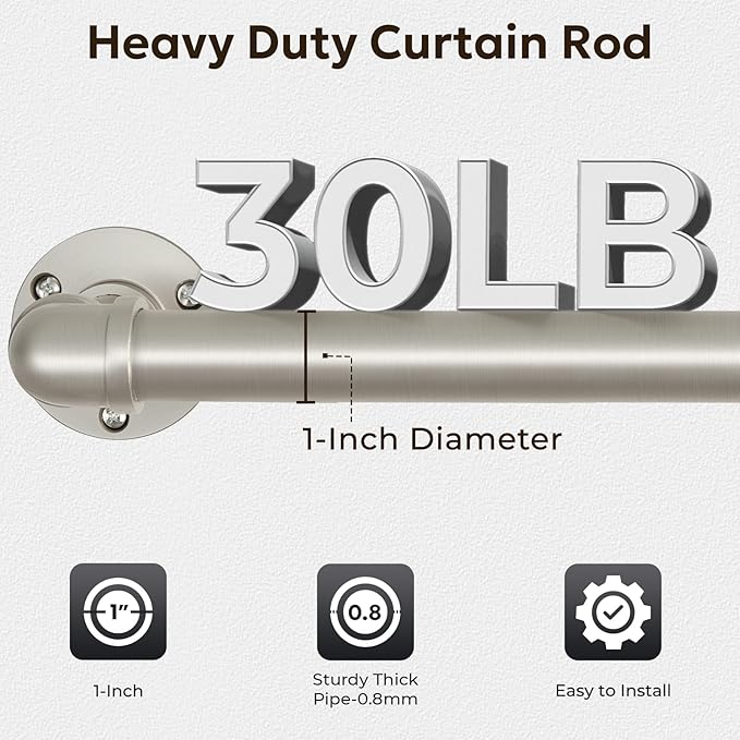 Zeerobee Curtain Rods for Windows 120 to 240, 1 Inch Industrial Wrap Around Brushed Nickel Curtain Rod, Indoor/Outdoor Room Divider Adjustable Drapery Pole, 120"-240"