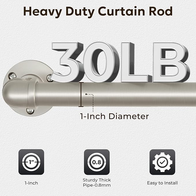 Zeerobee Curtain Rods for Windows 48 to 84, 1 Inch Industrial Wrap Around Brushed Nickel Curtain Rod, Indoor/Outdoor Room Divider Adjustable Drapery Pole, 48"-86"