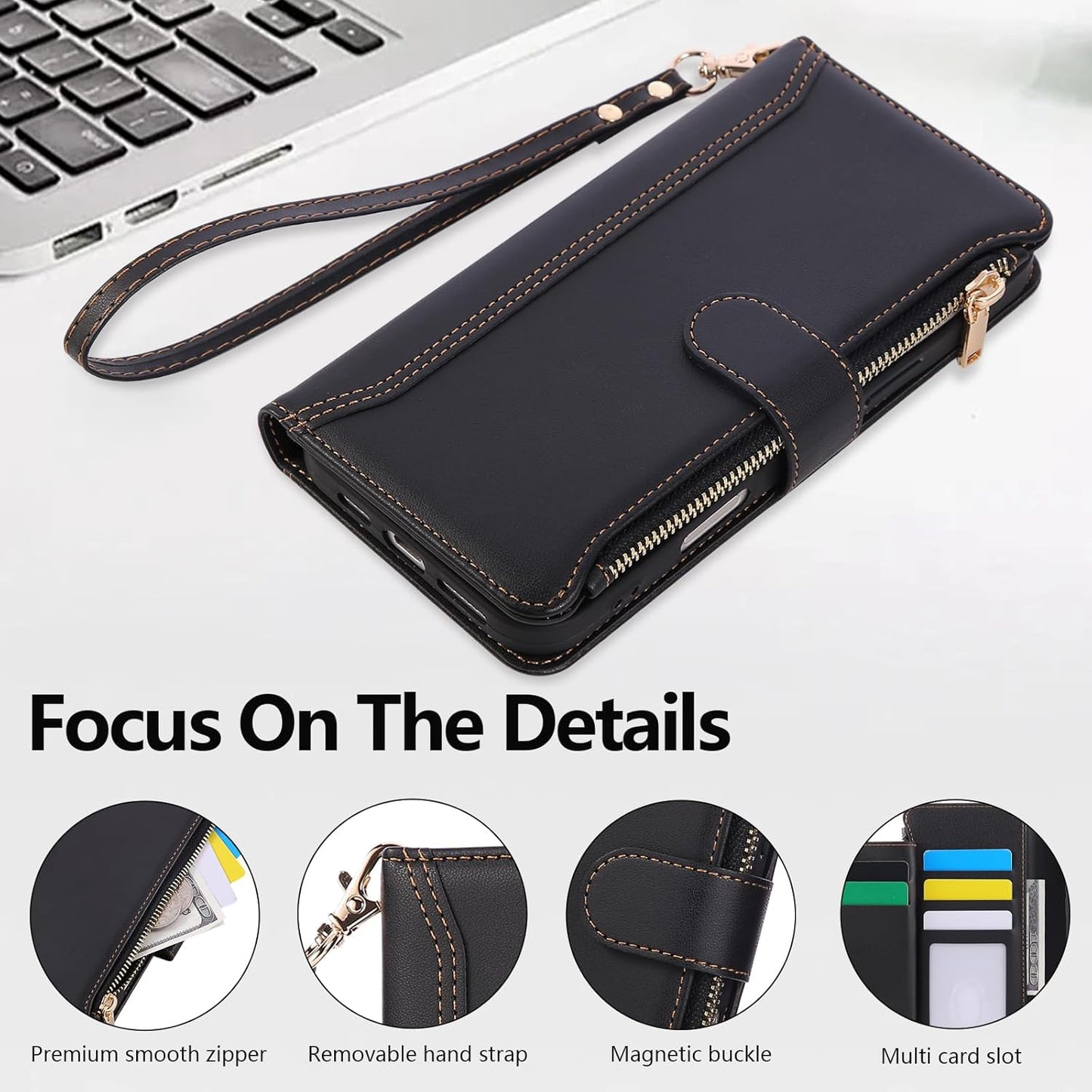 Compatible with iPhone 7/8/SE 2020/SE 2022 Wallet Case PU Leather Shockproof Protective Cover with Credit Card Slots, Zipper Pocket Detachable Wrist Strap,Unisex Design for Men/Women-Black