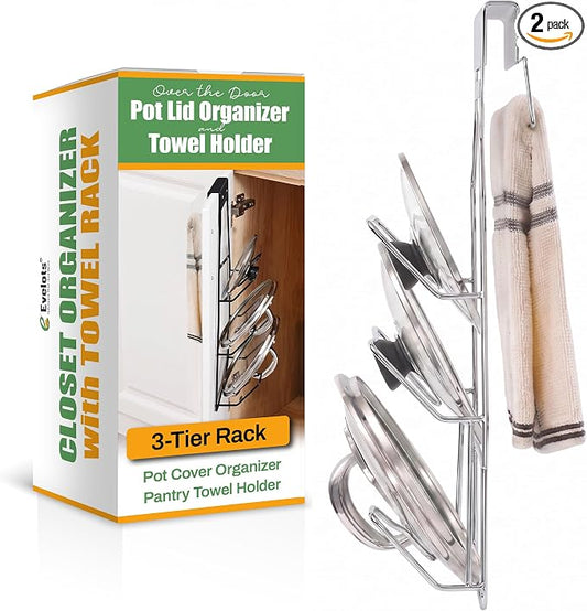Evelots 2-in-1 Pot Lid Organizer with Towel Holder - 2 Pack, 3-Tier Cabinet Door Rack - Space-Saving Kitchen Organizer for Glass or Metal Pan Lids & Towels - Over the Door Design - Chrome