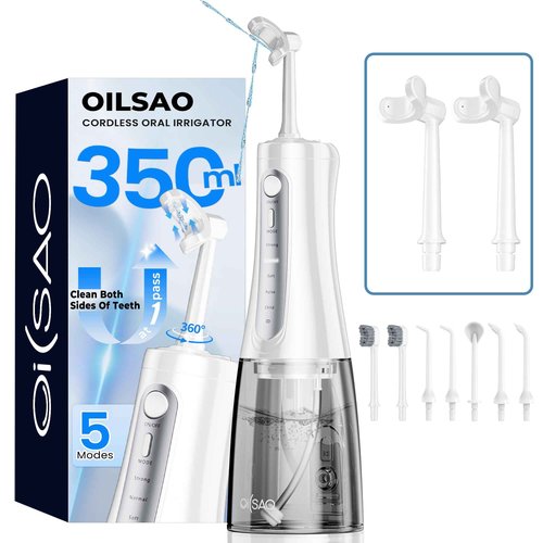 Cordless Water Flosser for Teeth Cleaning Pick, U-Shaped Flossing Head for 360° Deep Clean, 5 Modes & 9 Jet Tips, IPX7 Waterproof, Rechargeable & Portable Oral Irrigator for Travel, 350ML Large Tank