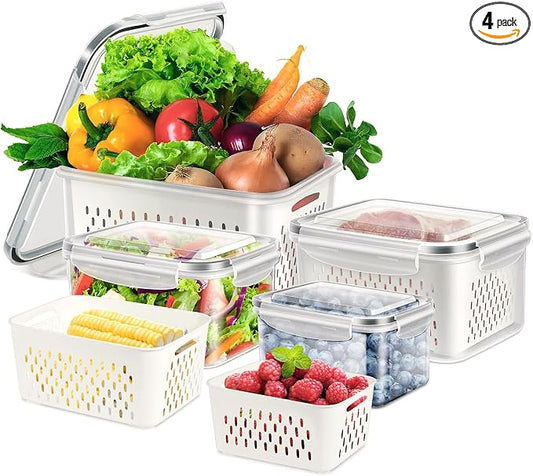 8 Pieces Fruit Storage Containers for Fridge with Lids and Strainer, 4Pack Fruit Containers for Fridge, Fresh Produce Saver Keeper for Vegetable Fruit Salad, BPA Free Fruit Organizer for Refrigerator