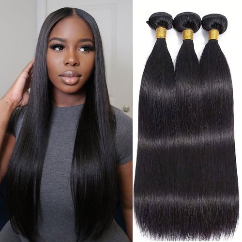 SilkSleek Straight Hair Bundles - 10 12 14 Inch | 100% Unprocessed Brazilian Virgin Human Hair | 3-Pack Quick Weave Bundles with Glossy Finish for Women