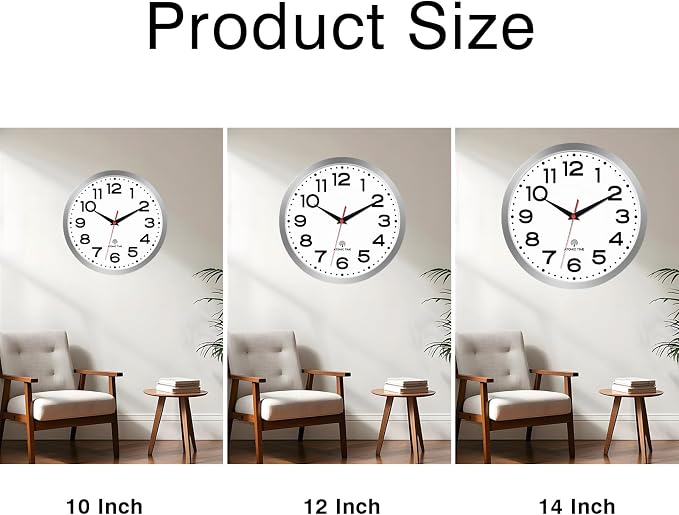 Roymnie Atomic Wall Clock 10 Inch, Modern Clock Battery Operated Classic Analog Decorative for Kitchen, Living Room, Office, Bedroom, Bathroom (Silver)