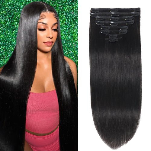 Clip in Hair Extensions Real Human Hair Clip in Extensions for Women Seamless Invisible Natural Black Straight Remy 100% Human Clips ins Extension 8pcs Double Weft 20 inch 3.7oz/105g