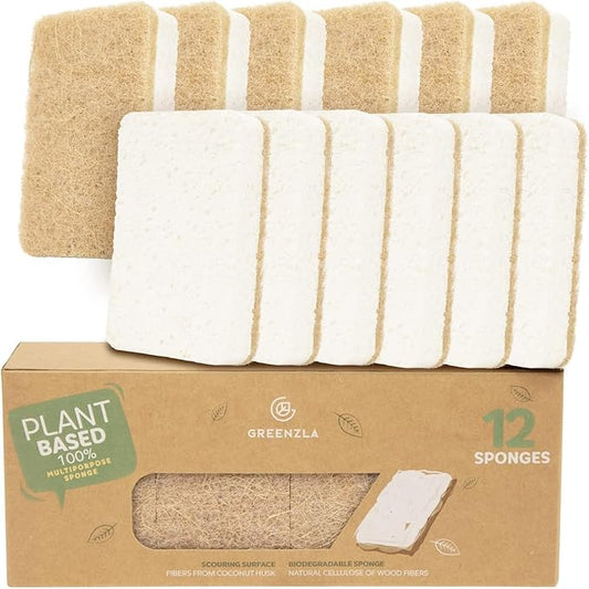 Greenzla 12 Pack Kitchen Sponges, Plant-Based Dish Sponges, Non-Scratch Sisal Hemp Scouring Pads for Dishes, Countertops, Bathtubs, and Tiles