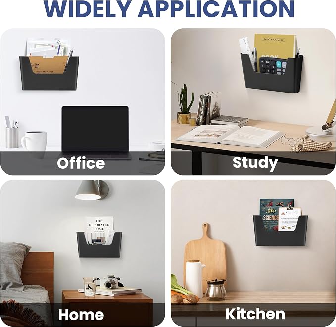 JOMOLA No Drilling File Holder 5 Pack Mail Organizer Wall Mount File Organizer Holder Office Wall Hanging Files Magazines Organizer Plastic Door Mount Wall Pocket with Adhesive Pad, Black Color