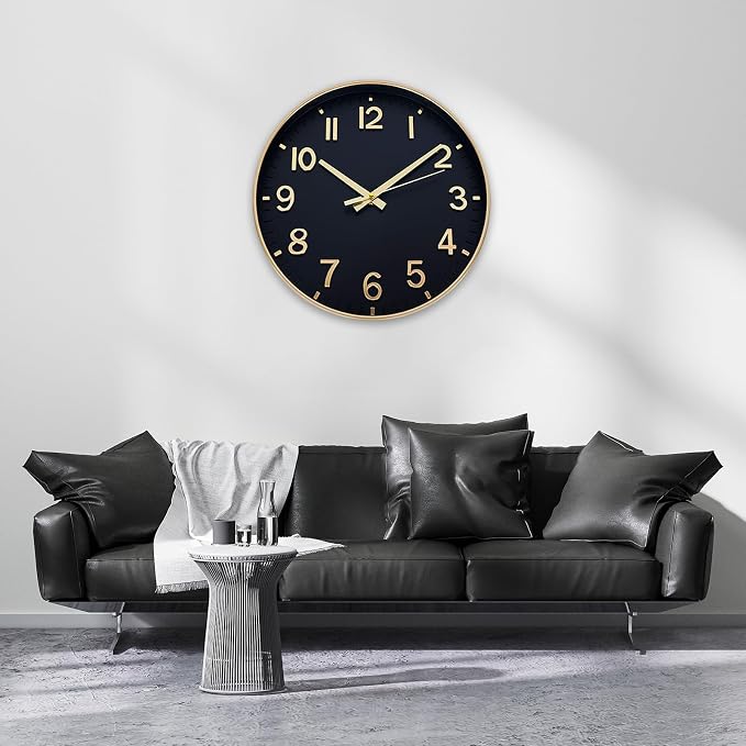 HZDHCLH Wall Clocks Battery Operated,Wall Clock Black Gold,12 inch Wall Clock Silent Non Ticking Modern 3D Numbers for Kitchen Bedroom Living Room Office Classroom Decor