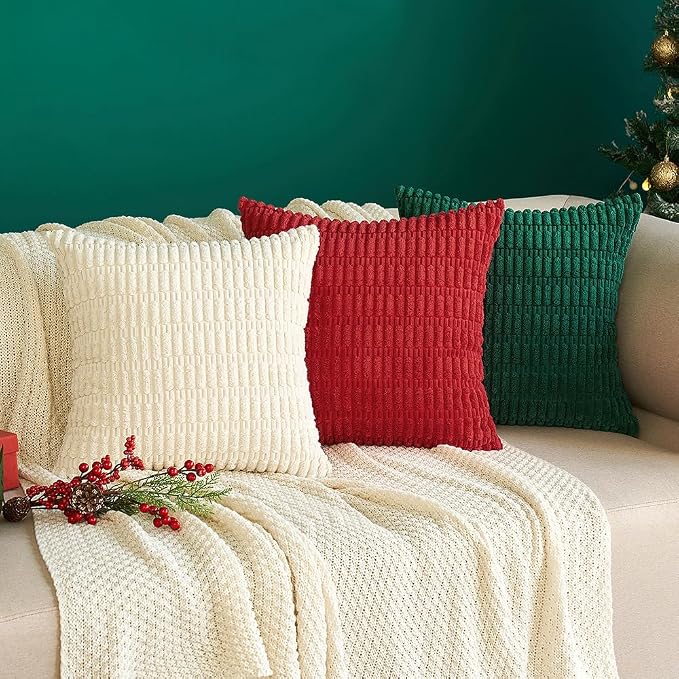 MIULEE Pack of 2 Corduroy Decorative Throw Pillow Covers 12x12 Inch Soft Boho Striped Pillow Covers Modern Farmhouse Home Decor for Sofa Living Room Couch Bed Cream White