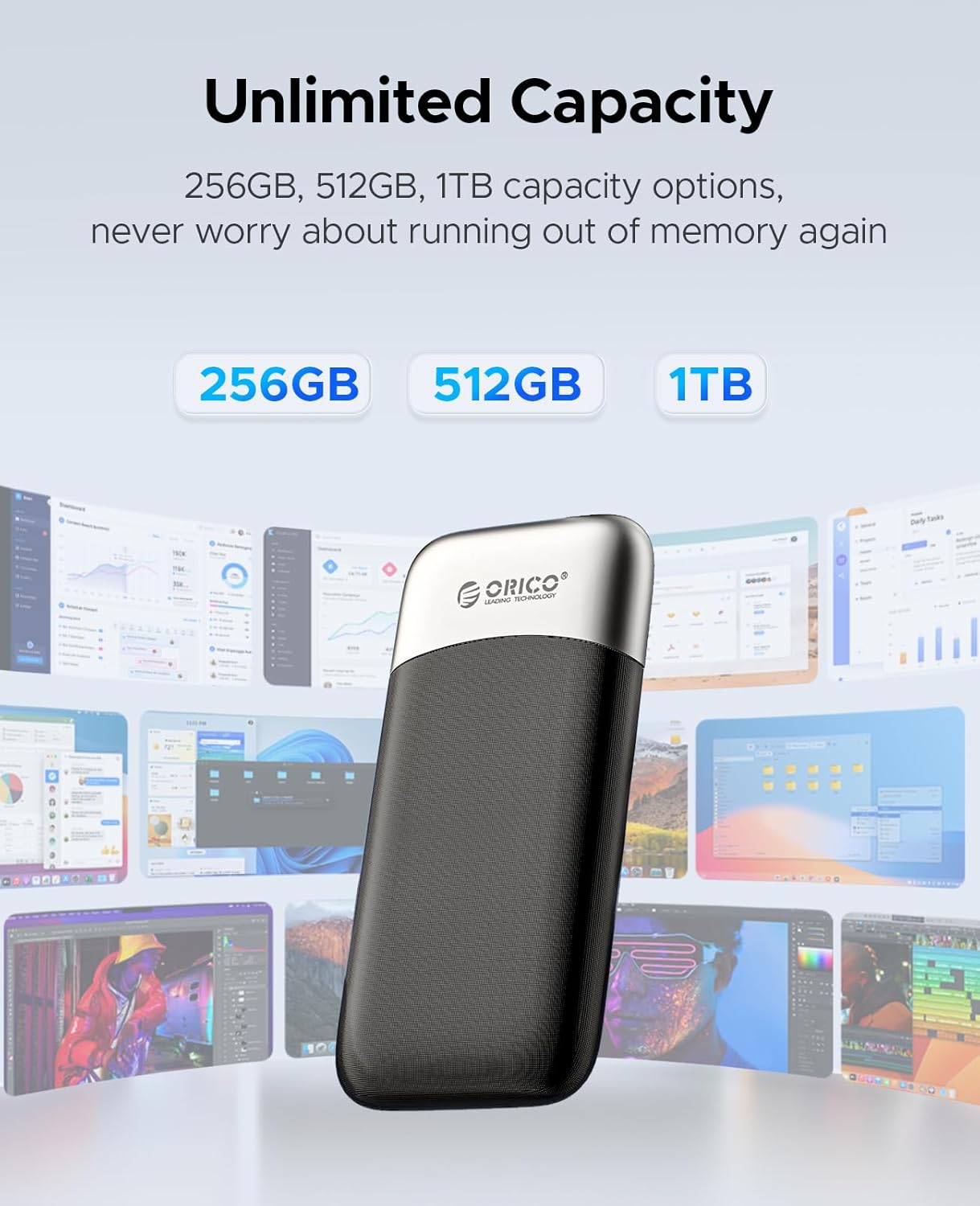 ORICO 512GB Portable SSD, Up to 1050MB/s, Compact with 2 in 1 USB C & A Cable, External Solid State Drives, Reliable Storage for USB C Smartphone, Tablet, PC - M10PRO