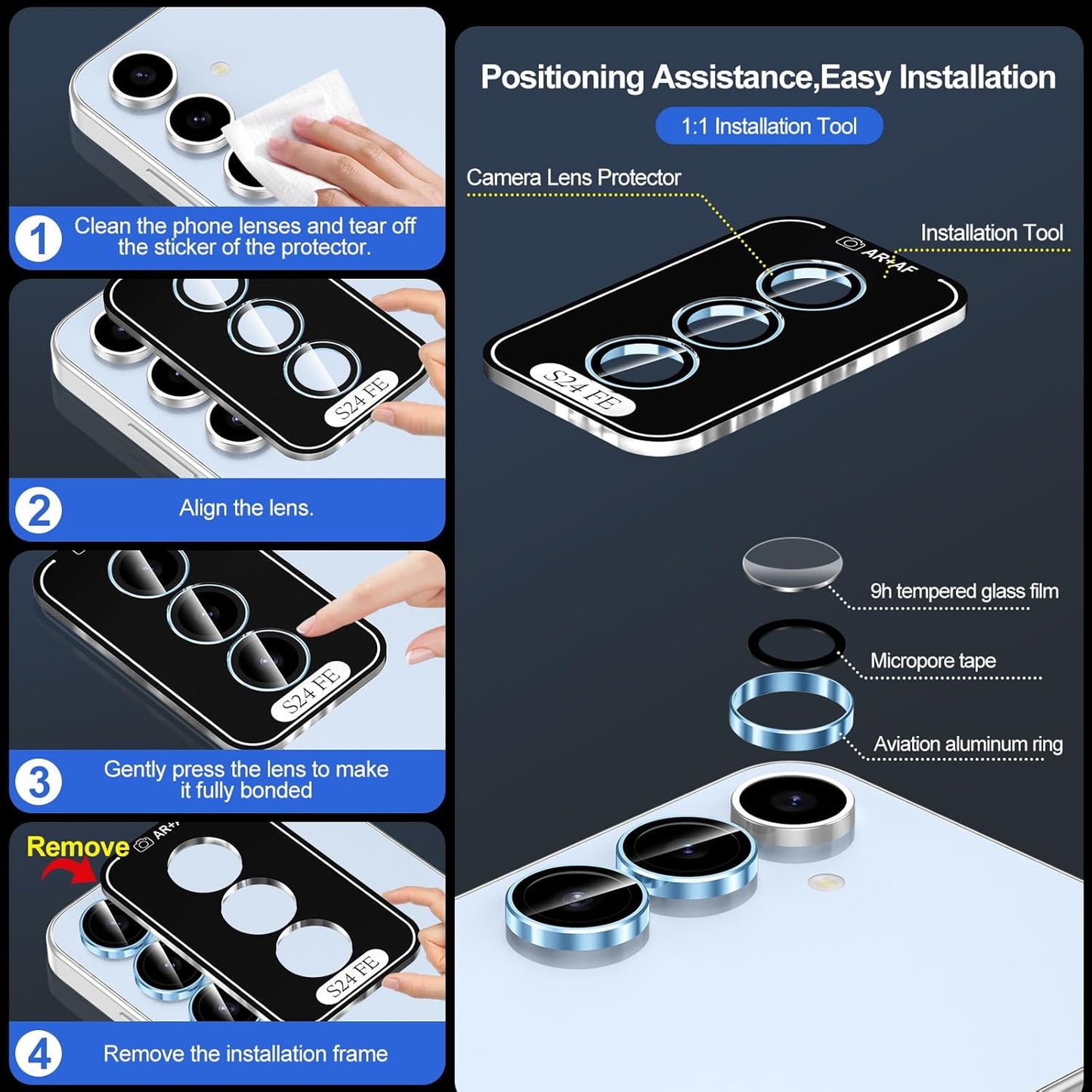 for Samsung Galaxy S24 FE Camera Lens Protector, Individual Metal Ring Tempered Glass Lens Cover, [Strong Adsorption] Scratch Resistant Ultra-Thin HD Clear Lens Cover, 1 Set-Blue Ring