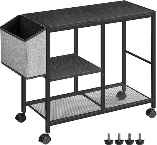 MAHANCRIS Printer Stand with Storage Bag, 3-Tier Mobile Under Desk Printer Cart with Wheels, Wooden Rolling Printer Table, Organizer Shelf for Study, Office, Living Room, Black PTHB2201