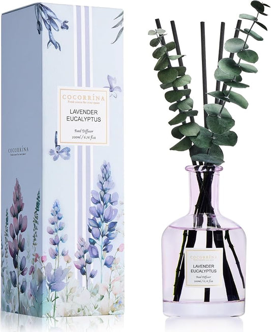 COCORRÍNA Lavender Eucalyptus Reed Diffuser – 6.76 oz Essential Oil with 8 Reeds & Real Eucalyptus Sticks, Home Fragrance for Bedroom or Bathroom Décor