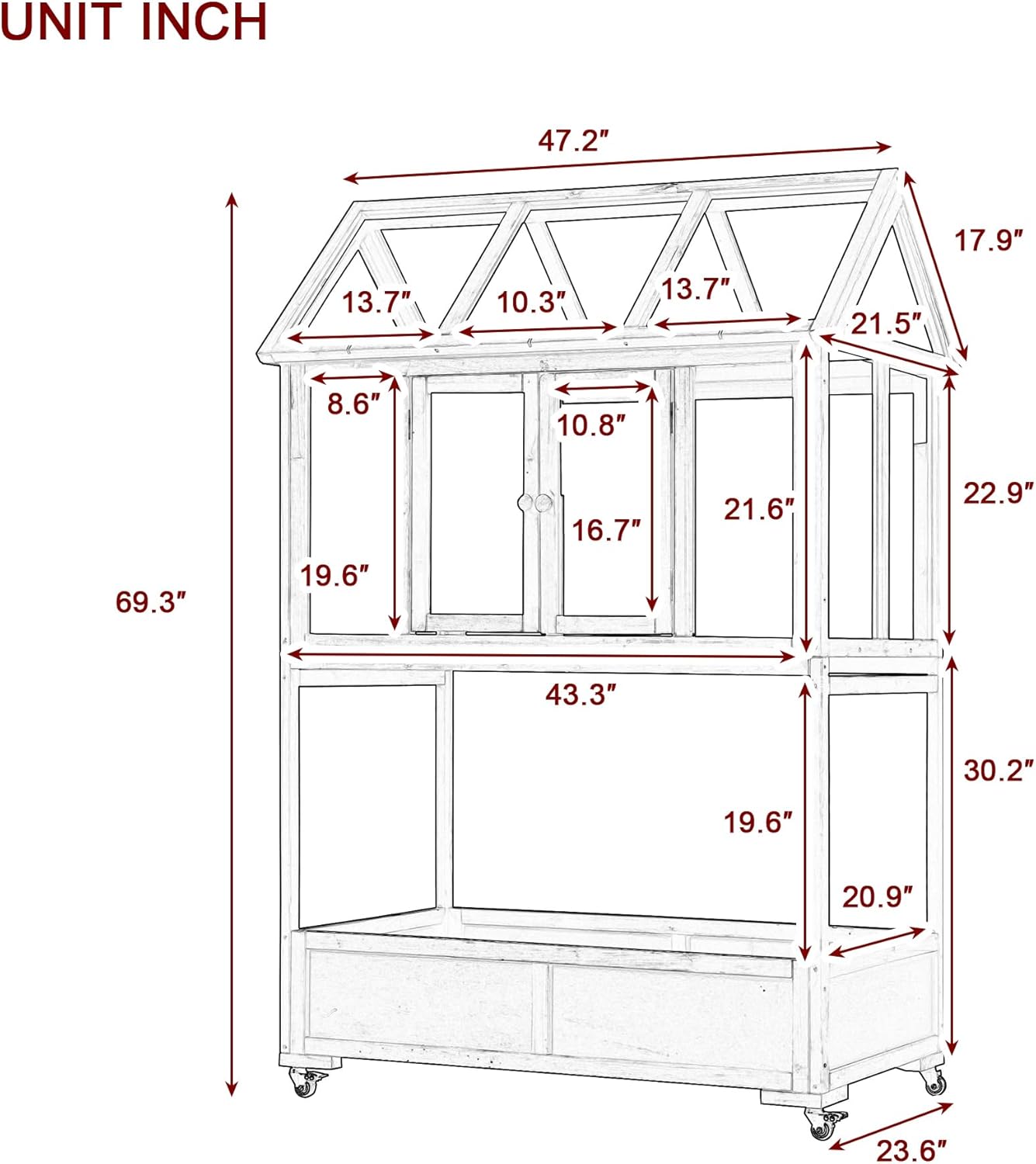 Merax 69.3" H Wood Garden Greenhouse, Balcony Portable Mini Cold Frame with Wheels, Movable Storage Box and Openable Roof, Flower Plants Shelf for Balcony Outdoor Indoor Backyard, White