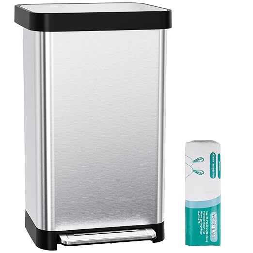Arlopu 50L/13.2Gal Stainless Steel Trash Can W/15 Inner Bags & Rear Trash Bag Storage Compartment, Kitchen Step Trash Can with Lid & Built-in Deodorizer Box, Garbage Bin W/Foot Pedal (Sliver)