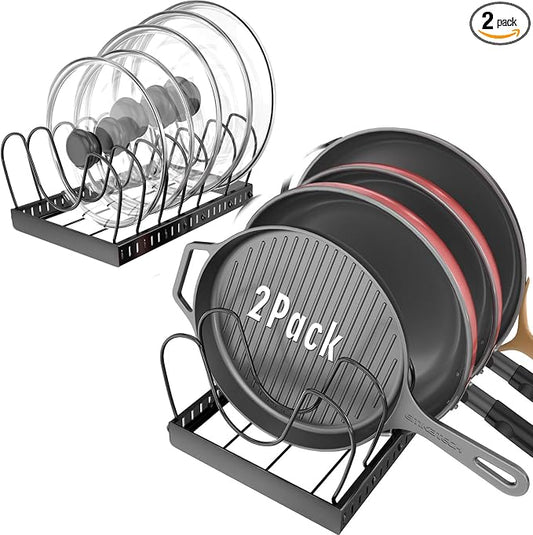 2PACK Pot Lid Organizers Inside Cabinet for Kitchen, Pots and Pans Organizer Under Cabinet with 16 Adjustable Dividers, Countertop Lid Holder, Rust-Resistant, Tool-Free Installation, Easy to Clean